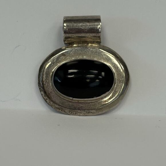 Vintage Mexico 925 Sterling Silver Black Onyx Pendant Heavy Oval - Picture 7 of 9